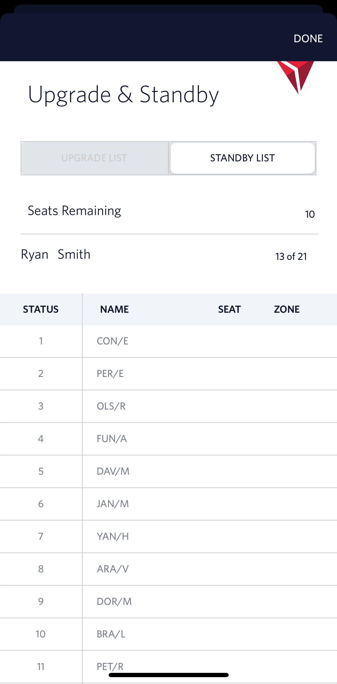 Delta standby list in app