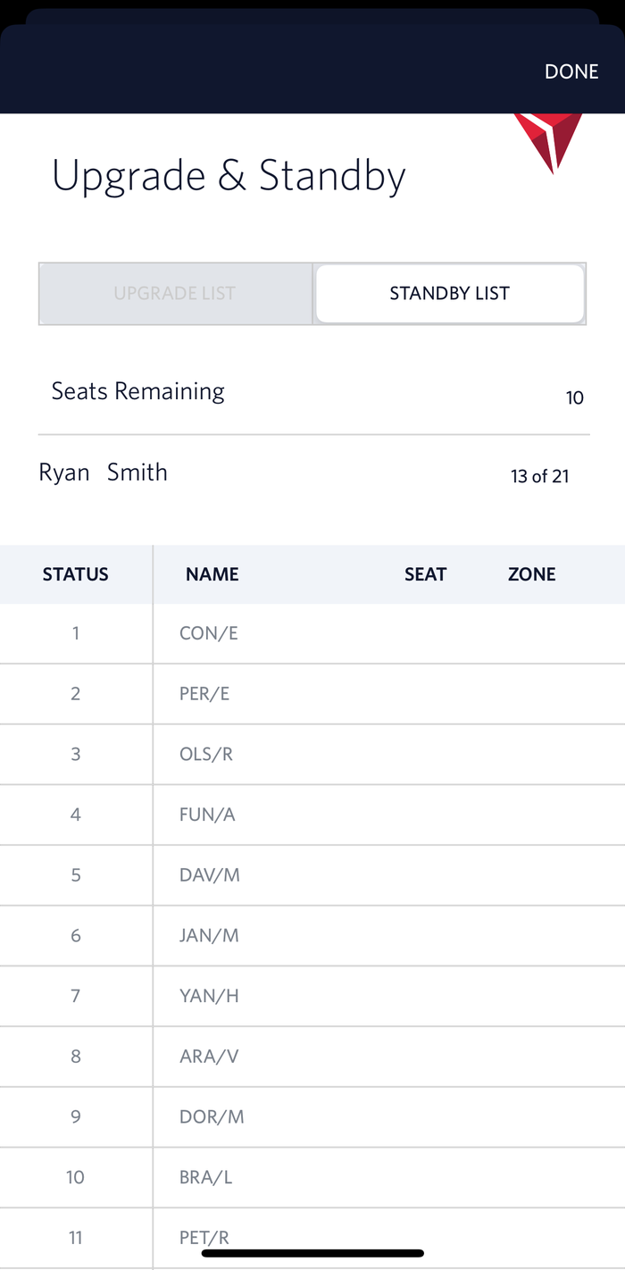 Delta standby list in app Delta standby list in app