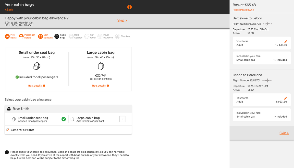 EasyJet cabin bag fees BCN LIS BCN reservation