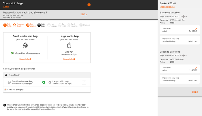 EasyJet cabin bag fees BCN LIS BCN reservation