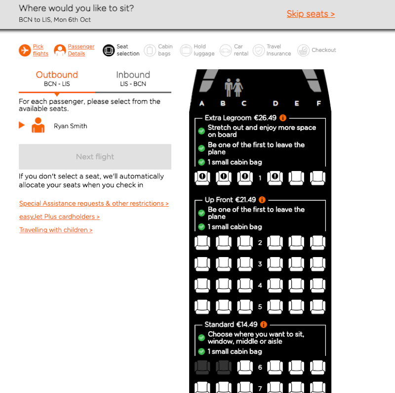 EasyJet seat selection fees BCN LIS BCN reservation