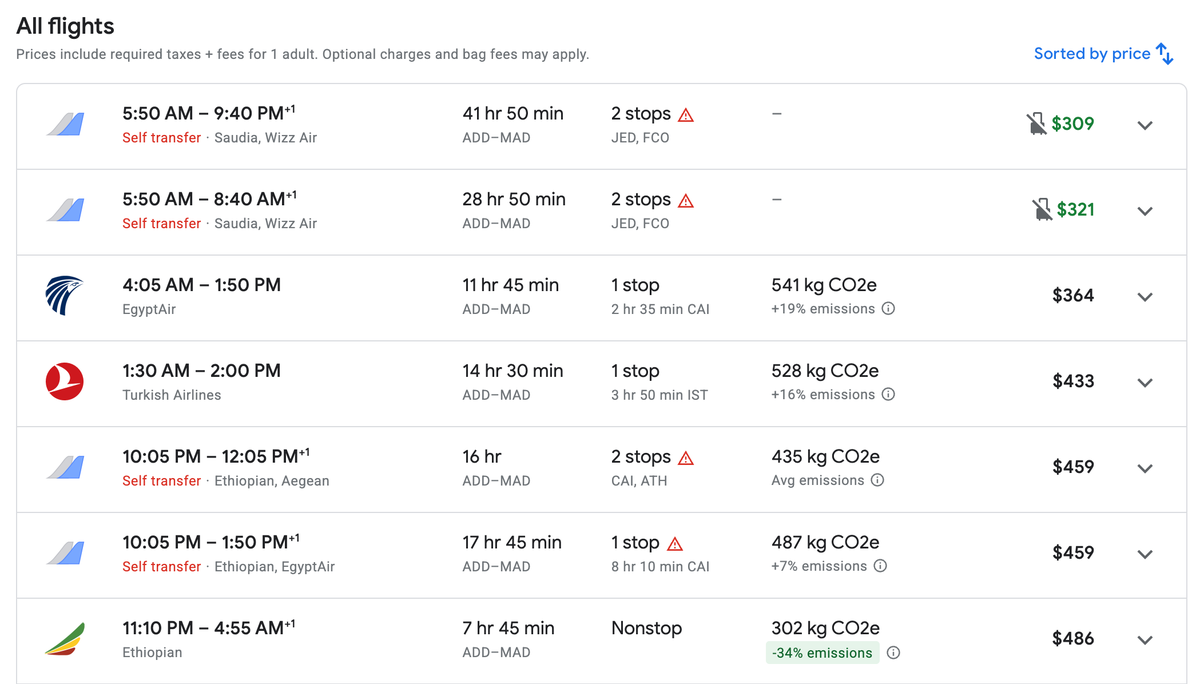 Ethiopian Airlines fare ADD MAD