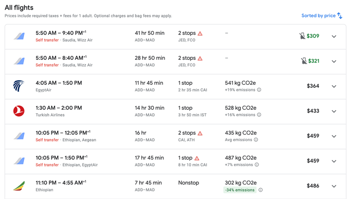 Ethiopian Airlines fare ADD MAD