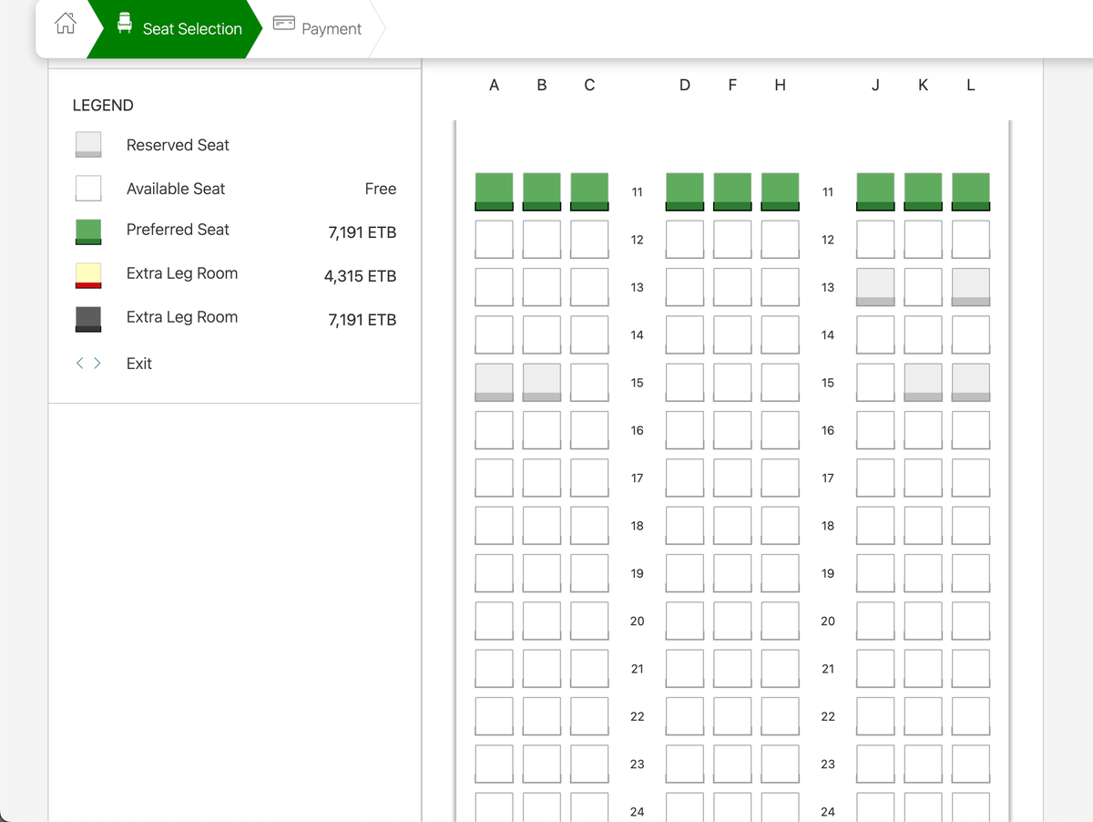Ethiopian Airlines seat map fees