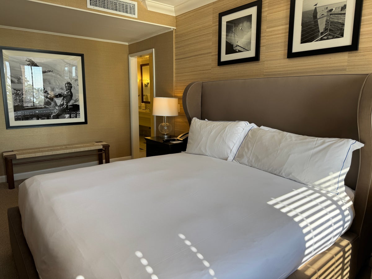 Fairmont Miramar Ocean View Suite bed toward bathroom