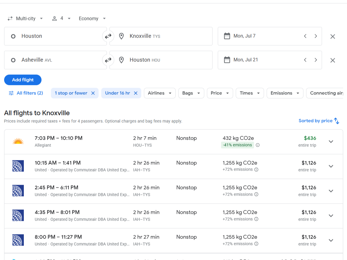 Google Flights HOU TYS AVL HOU