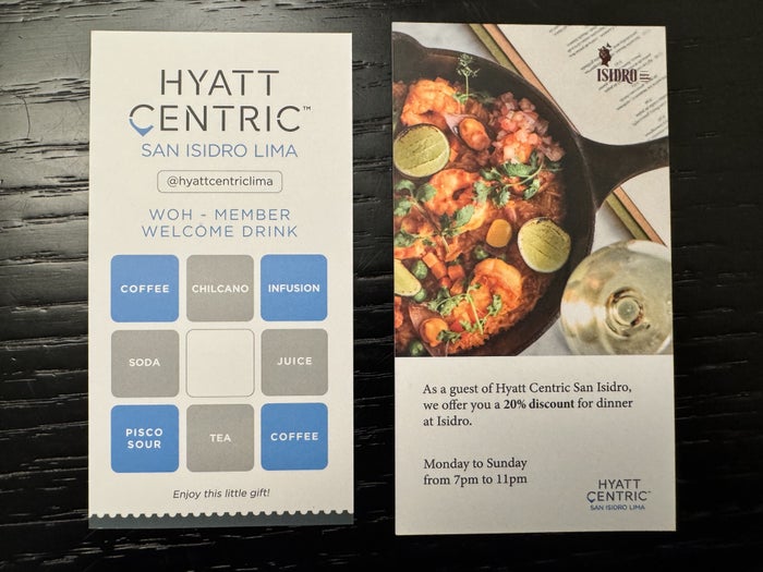 Hyatt Centric San Isidro Lima Welcome Drink Card