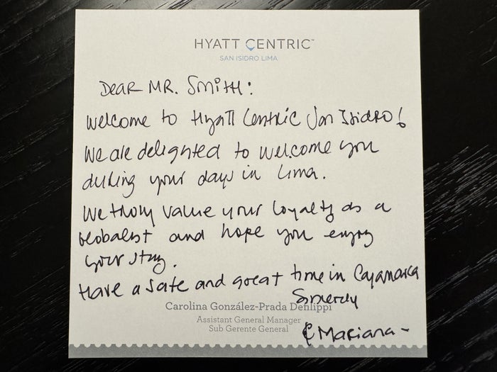 Hyatt Centric San Isidro Lima Welcome Note
