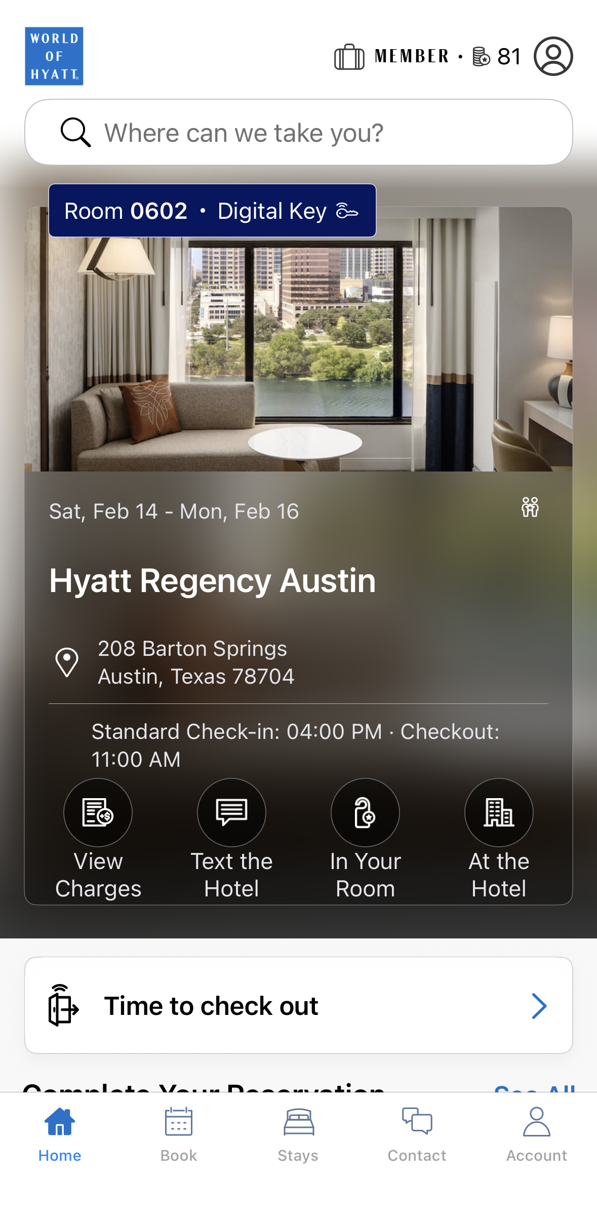 Hyatt Regency Austin reservation in app