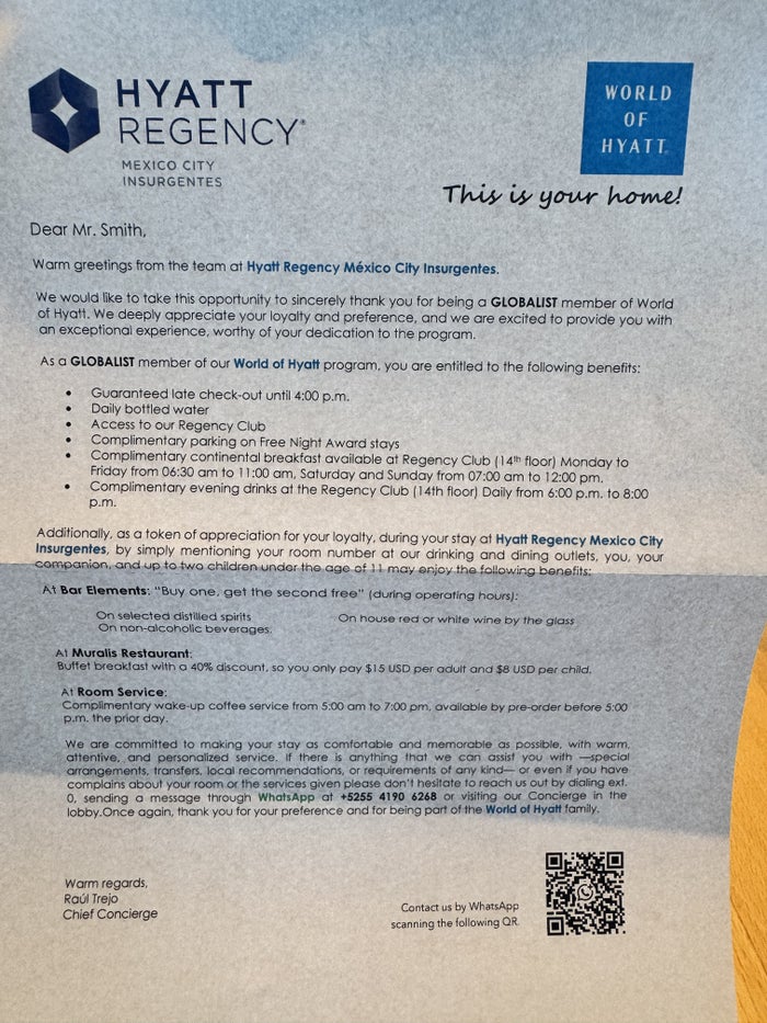 Hyatt Regency Mexico City Insurgentes Welcome Letter