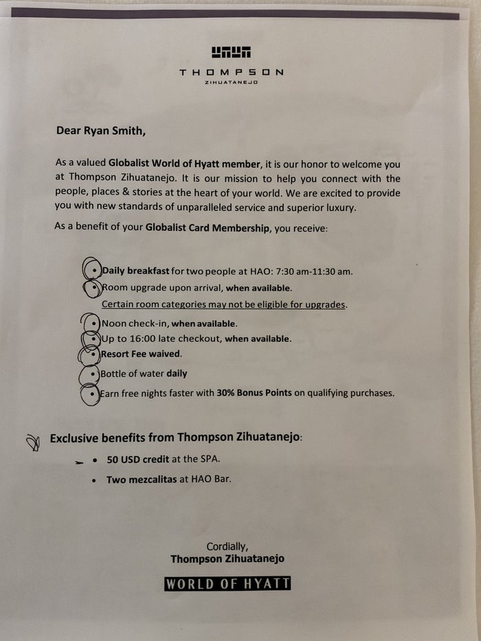 Hyatt Thompson Zihuatanejo Mexico Welcome Letter Hyatt Thompson Zihuatanejo Mexico Welcome Letter