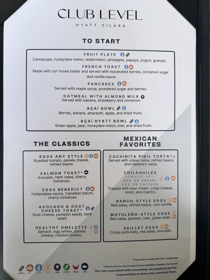 Hyatt Zilara Riviera Maya Club Level Breakfast Menu