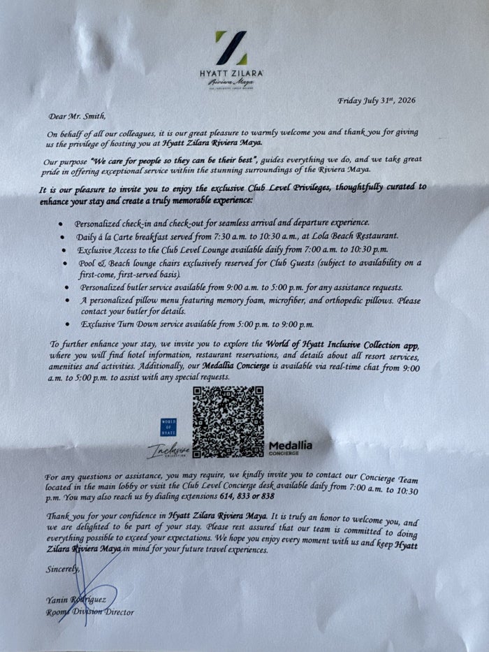 Hyatt Zilara Riviera Maya Globalist Welcome Letter