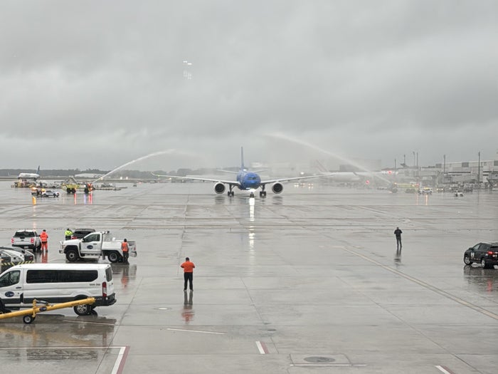 ITA Airways inaugural FCO IAH at gate ITA Airways inaugural FCO IAH water cannon