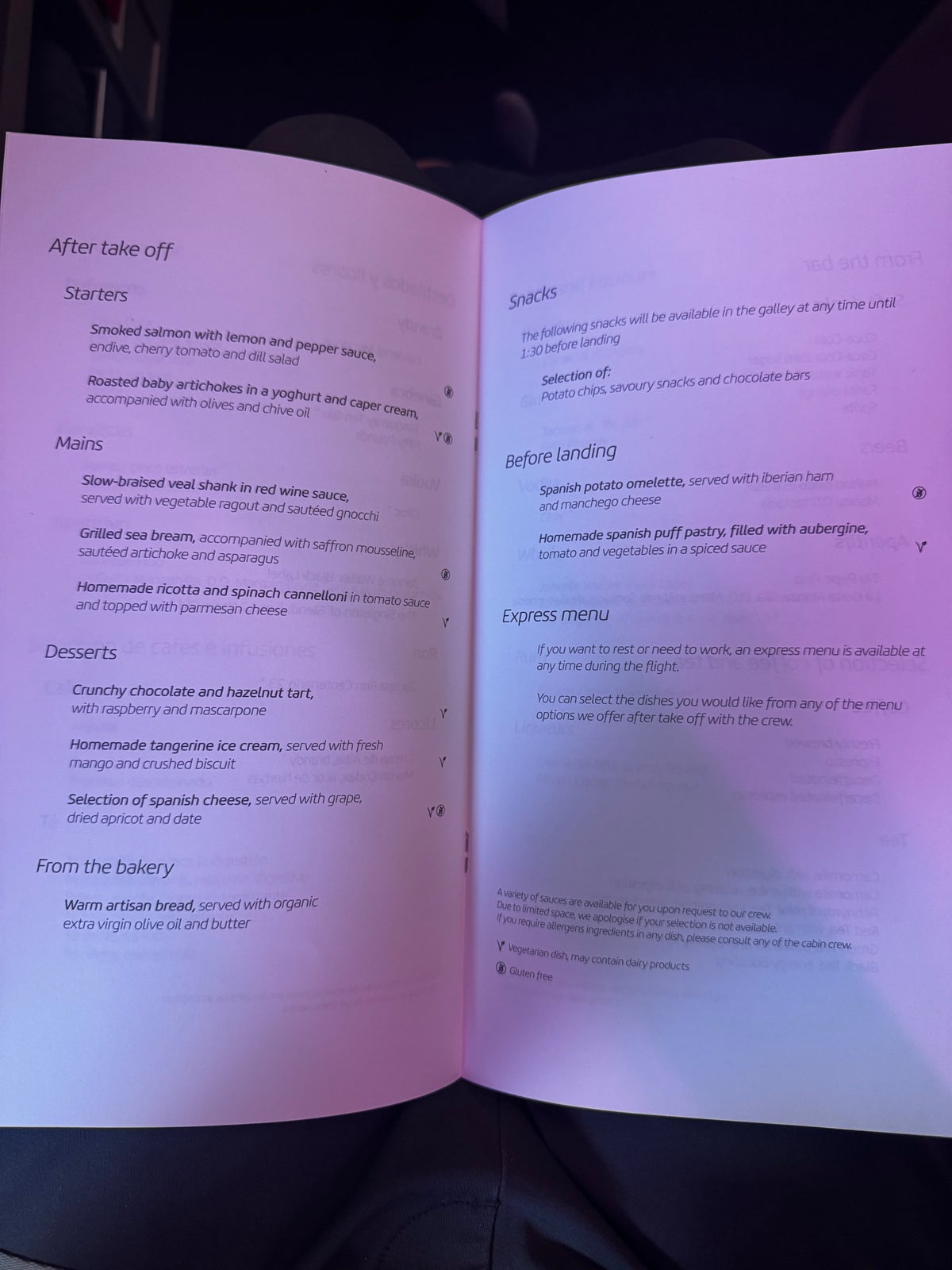 Iberia A321XLR MAD BOS menu