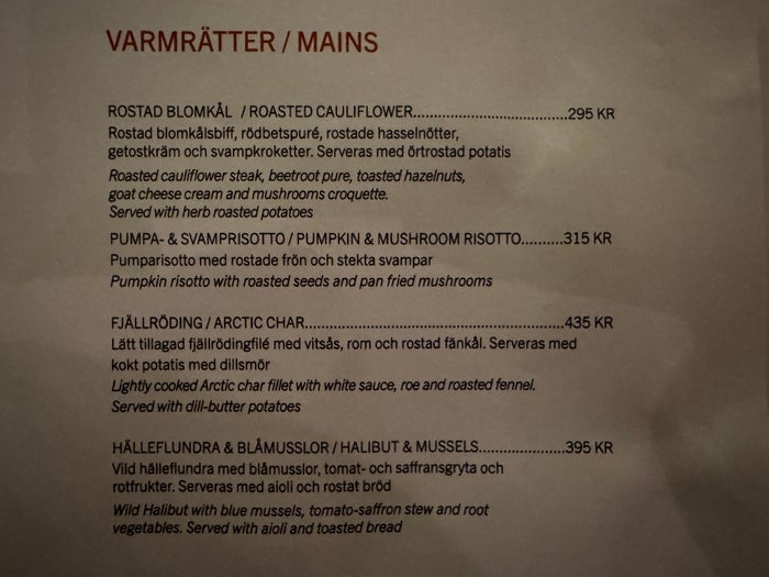 Ice Hotel Sweden Choice Ascend Restaurant menu