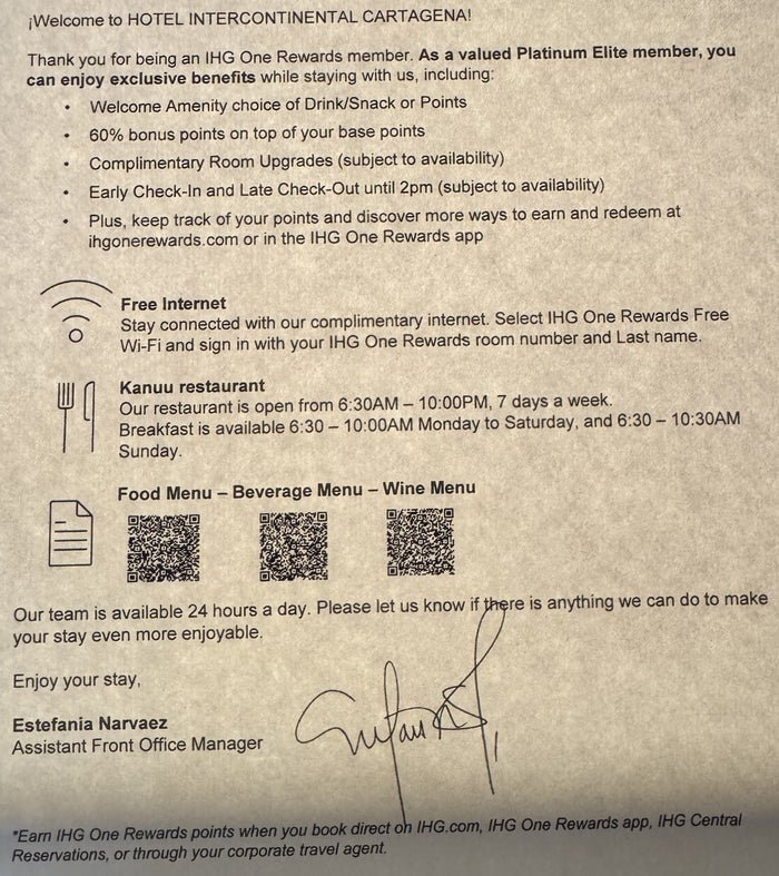 InterContinental Cartagena IHG One Rewards Letter