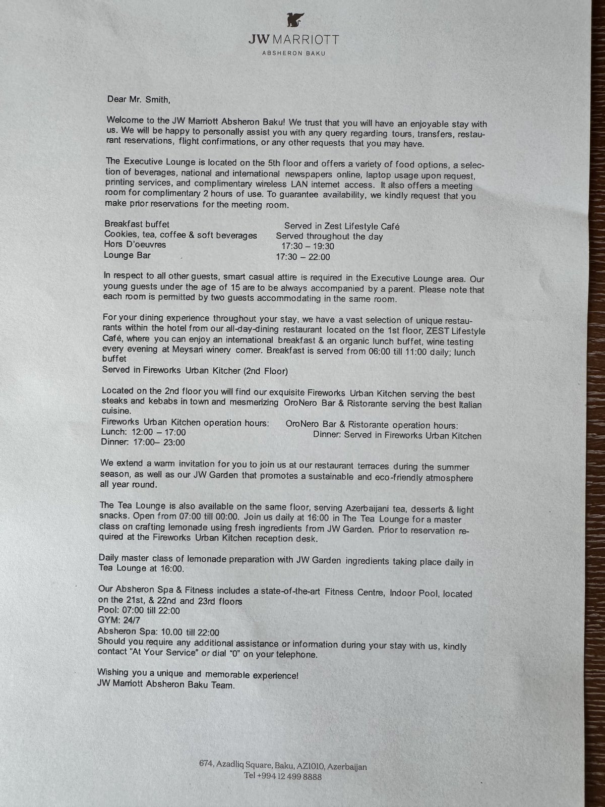 JW Marriott Absheron Baku Welcome Letter