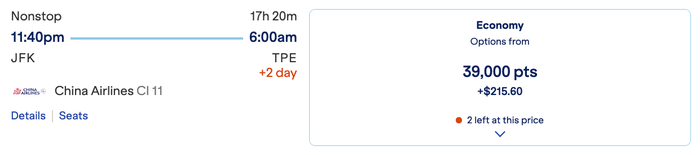JetBlue redemption JFK TPE China Airlines