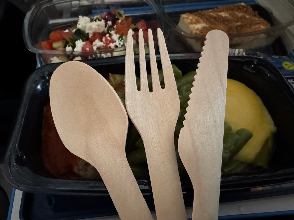 KLM 787 10 economy IAH AMS wood cutlery