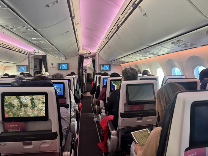 LATAM B787 9 GRU MEX Economy Cabin View up aisle