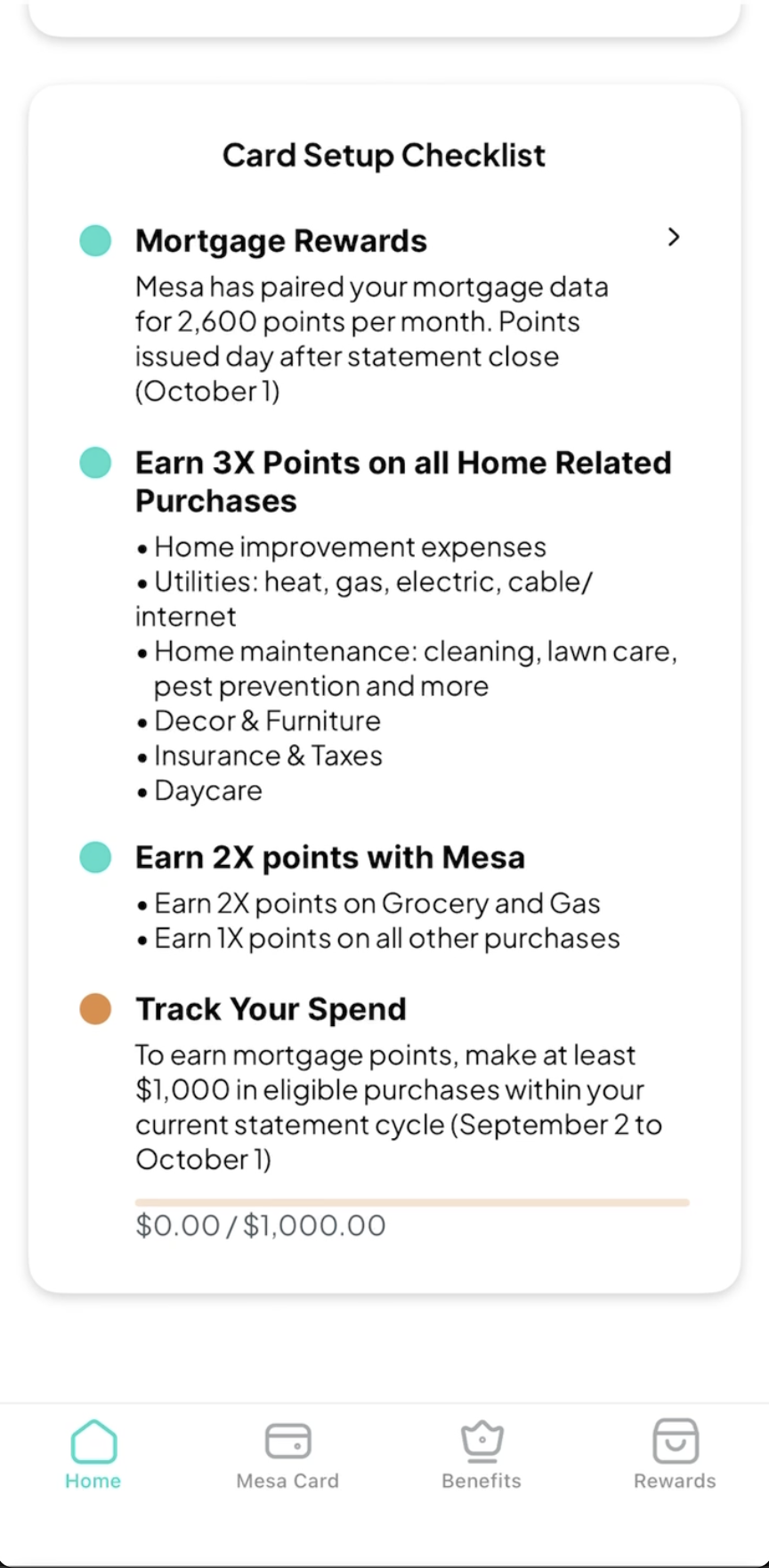 Mesa app card setup page