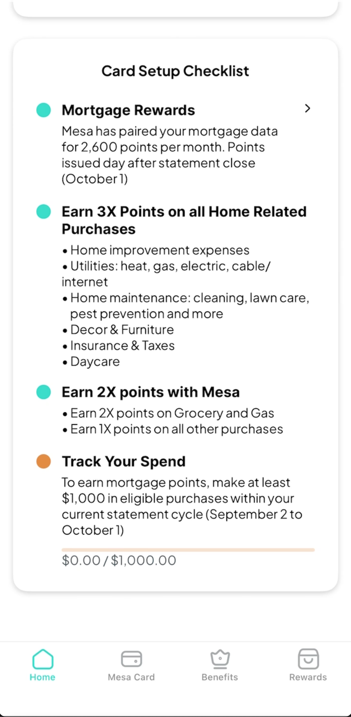 Mesa app card setup page