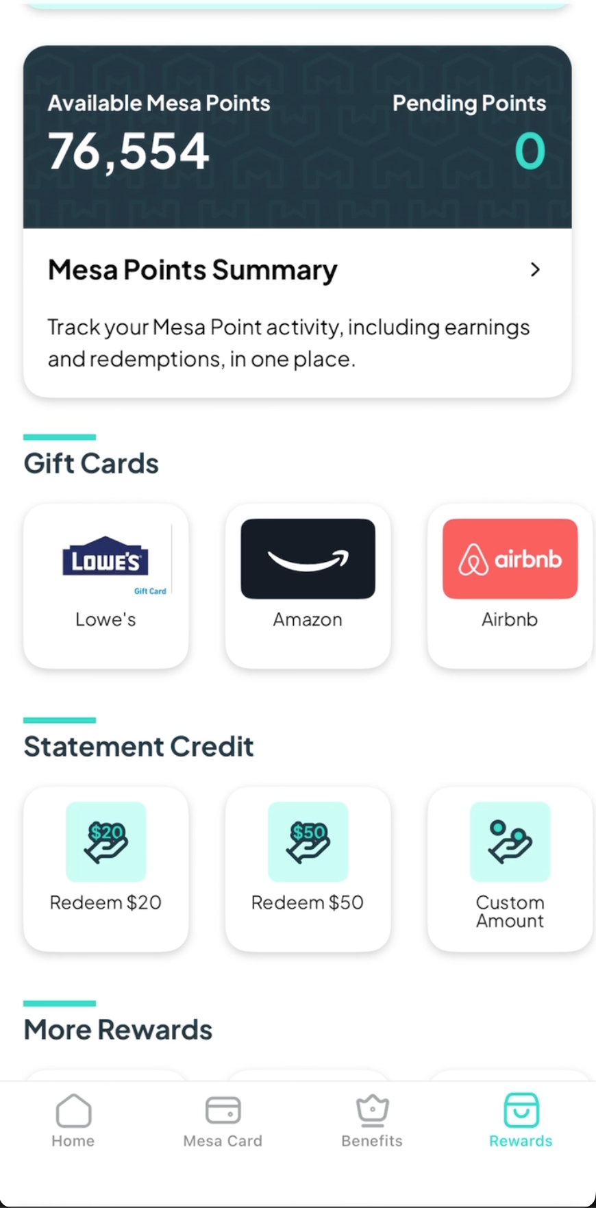Mesa app points balance redemption options