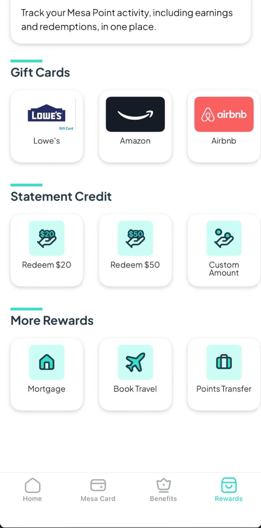 Mesa app redemption options