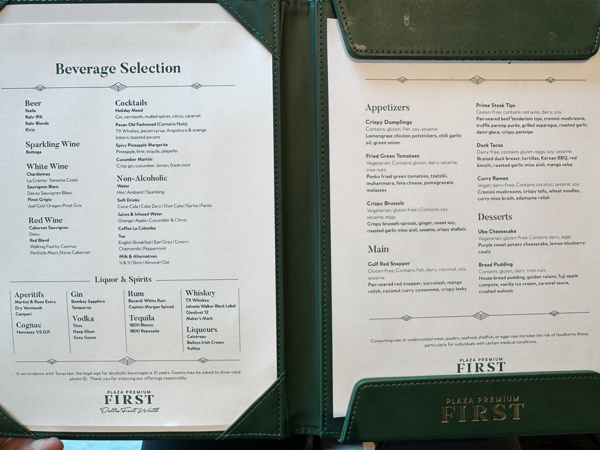 Plaza Premium First DFW Menu