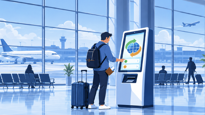 Illustration of a traveler using a currency exchange kiosk in an airport beside a suitcase, with airplanes and other travelers in the background.