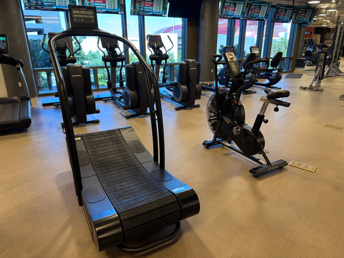 Resorts World Las Vegas gym curved treadmill and air bike cardio area
