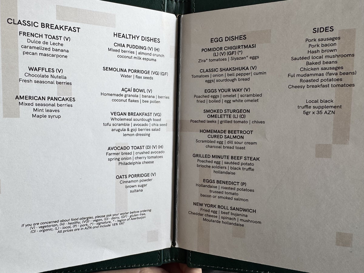 Ritz Carlton Baku Tribeca Breakfast Menu