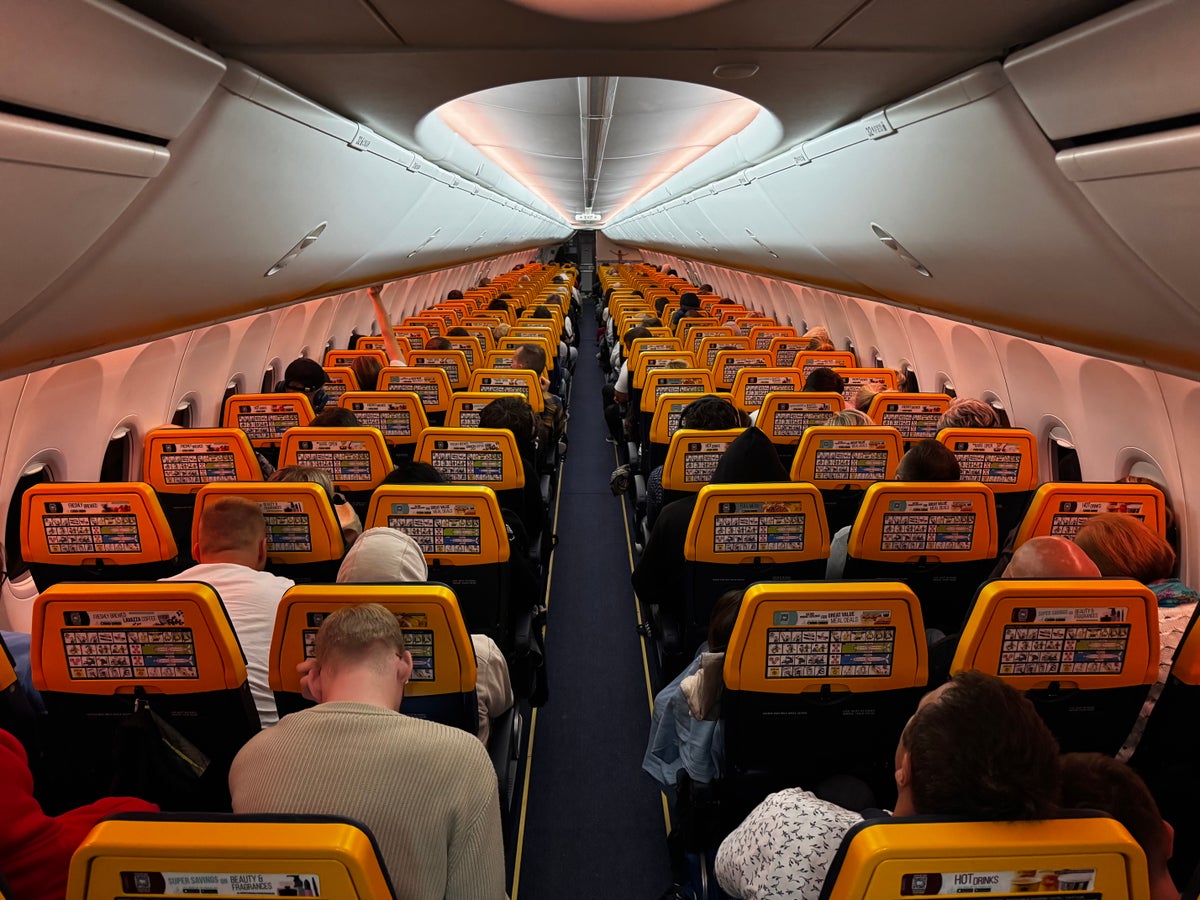Ryanair Boeing 737 800 cabin from rear overhead Ryanair Boeing 737 800 cabin from rear overhead