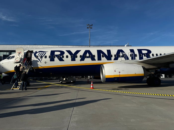 Ryanair Boeing 737 800 deplaining closeup in Tallinn