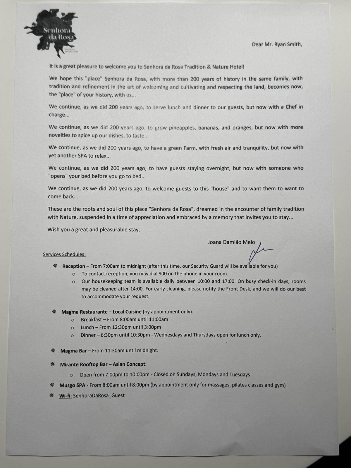 Senhora da Rosa Mr Mrs Smith Azores welcome letter