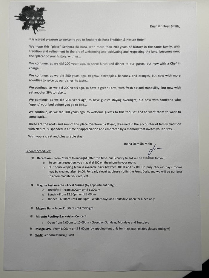 Senhora da Rosa Mr Mrs Smith Azores welcome letter Senhora da Rosa Mr Mrs Smith Azores welcome letter