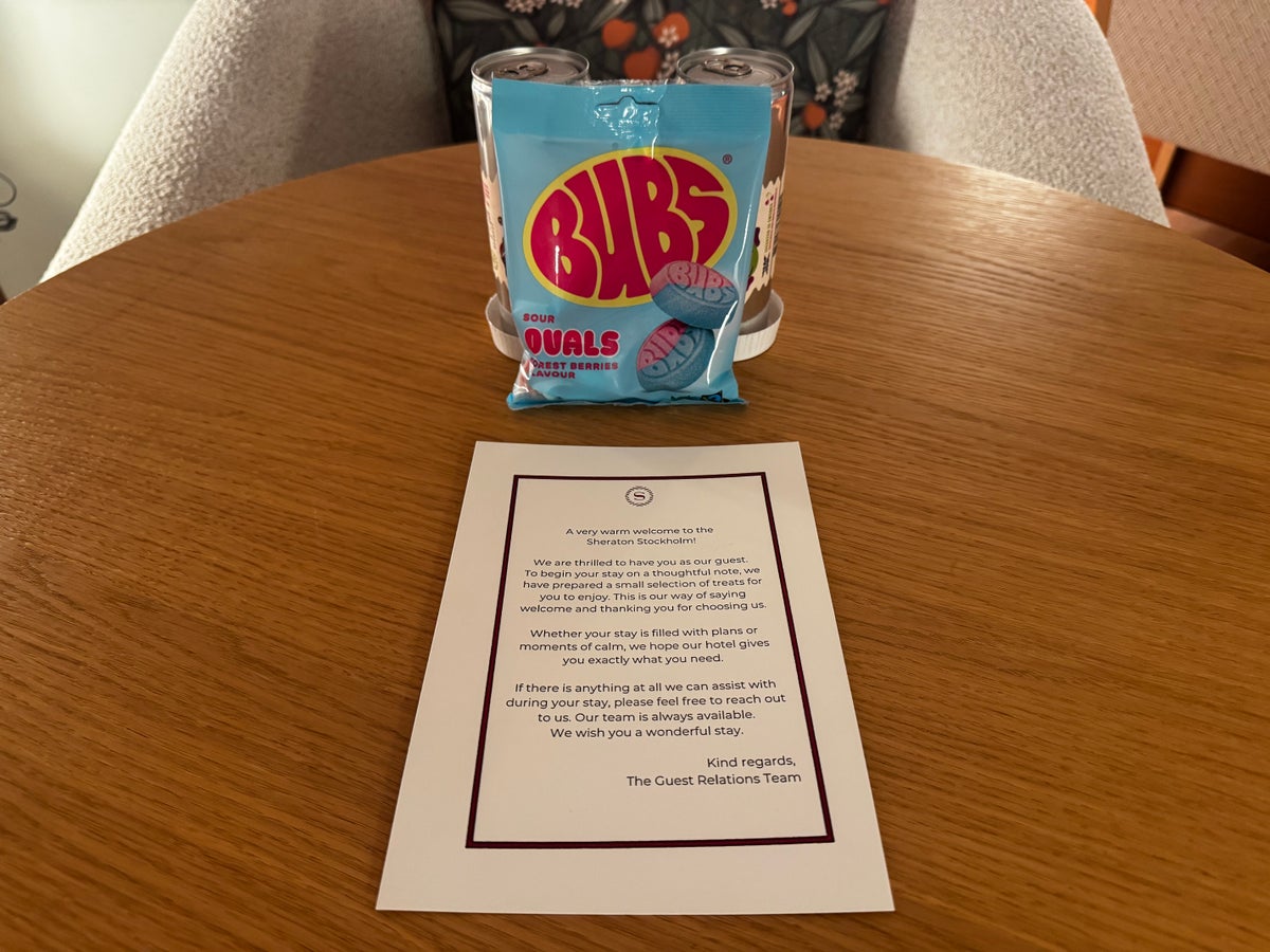 Sheraton Stockholm Hotel bedroom welcome gift