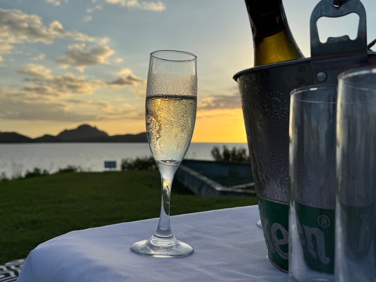 Sheraton Tokoriki Island Champagne flute ice bucket at sunset over the ocean