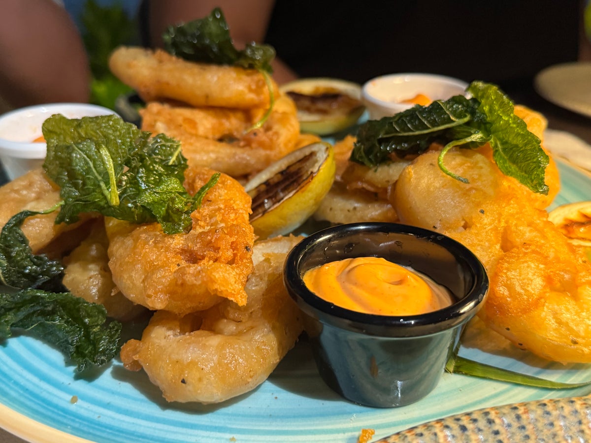 Sheraton Tokoriki Island Seafood platter with battered prawns calamari dipping sauce