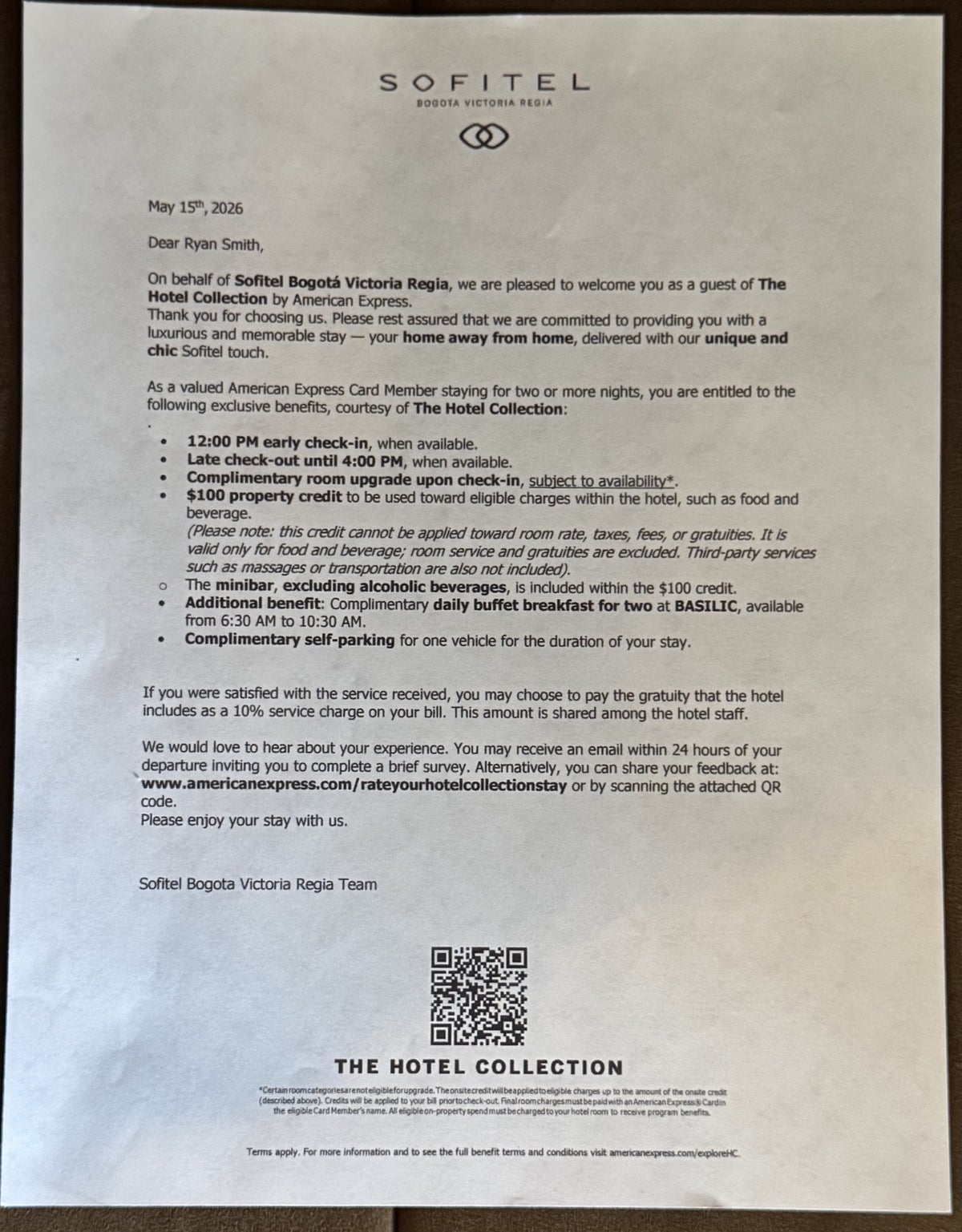 Sofitel Bogota Victoria Regia Welcome Letter