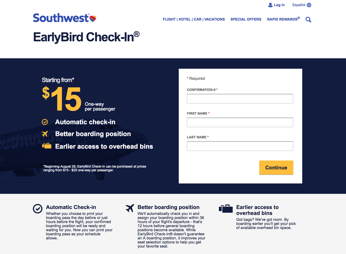Southwest Early Bird Check-In Updated Fees