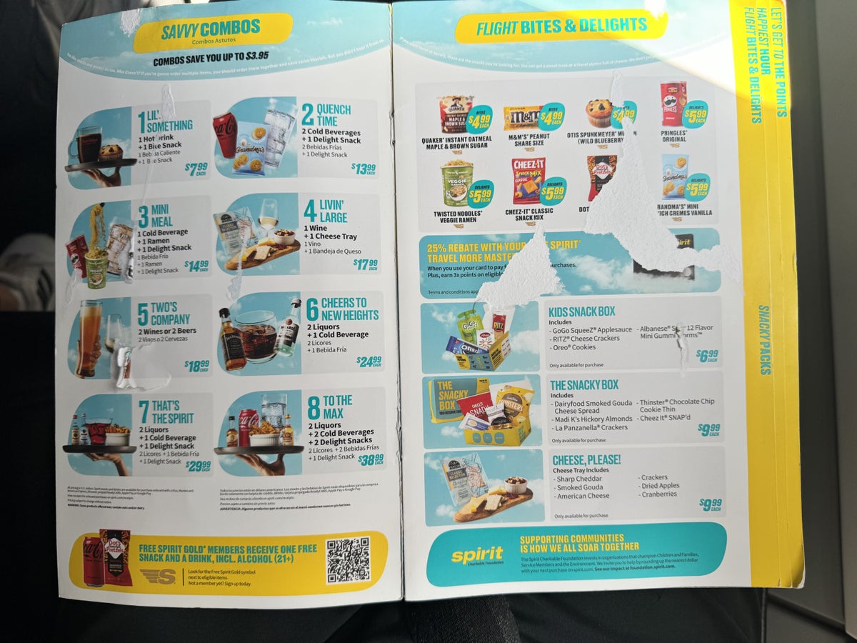 Spirit Airlines A321 Premium Economy Snack Menu