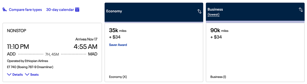 United miles booking Ethiopian ADD MAD