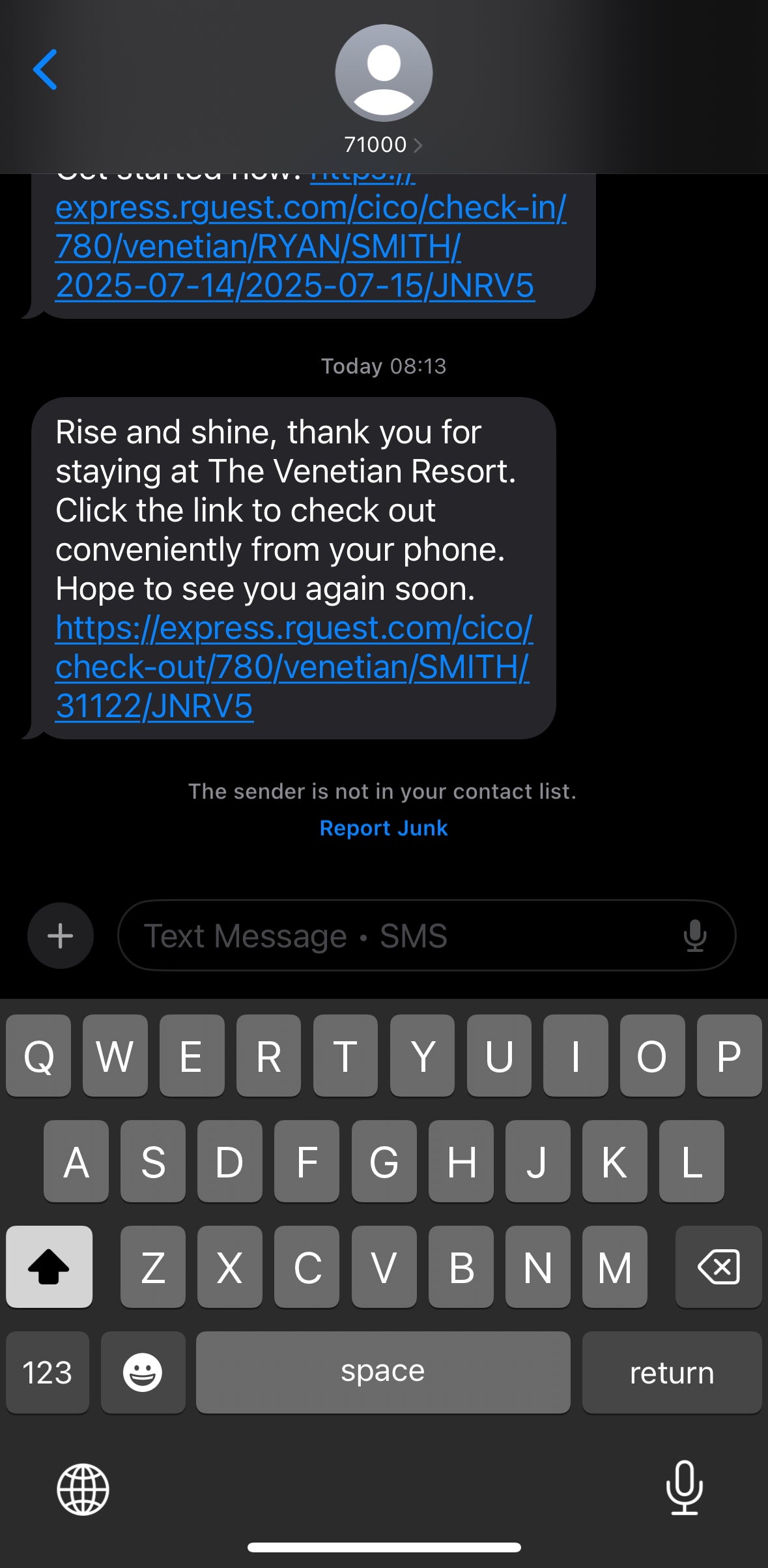 Venetian Las Vegas checkout message