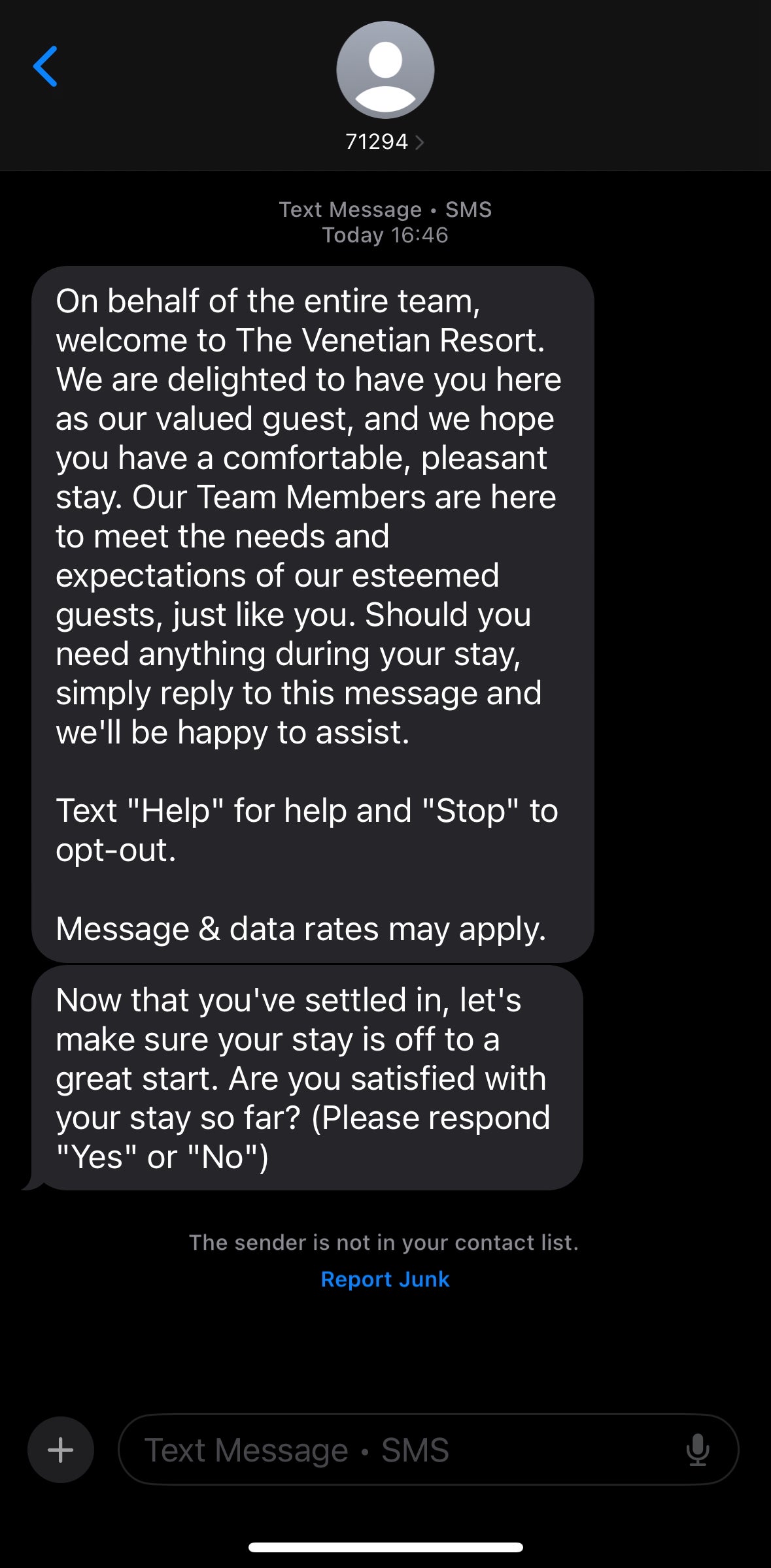 Venetian Las Vegas welcome text message
