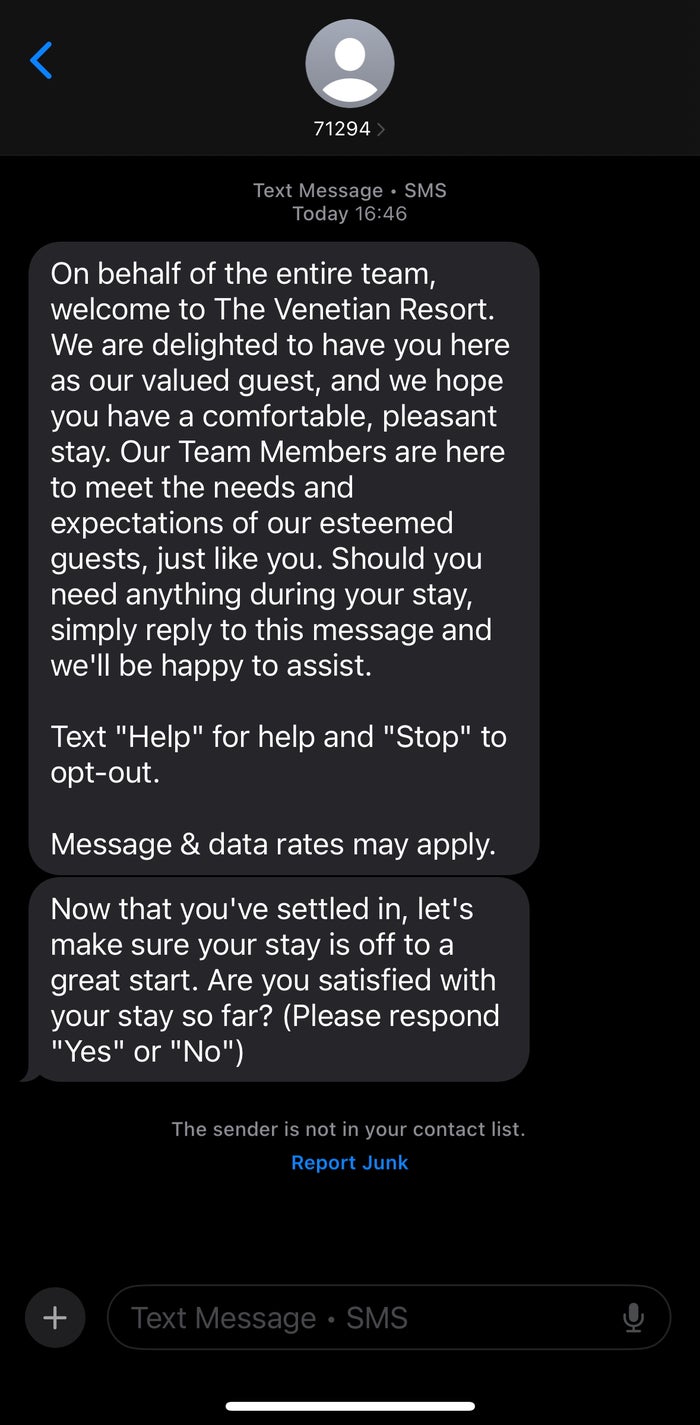 Venetian Las Vegas welcome text message Venetian Las Vegas welcome text message