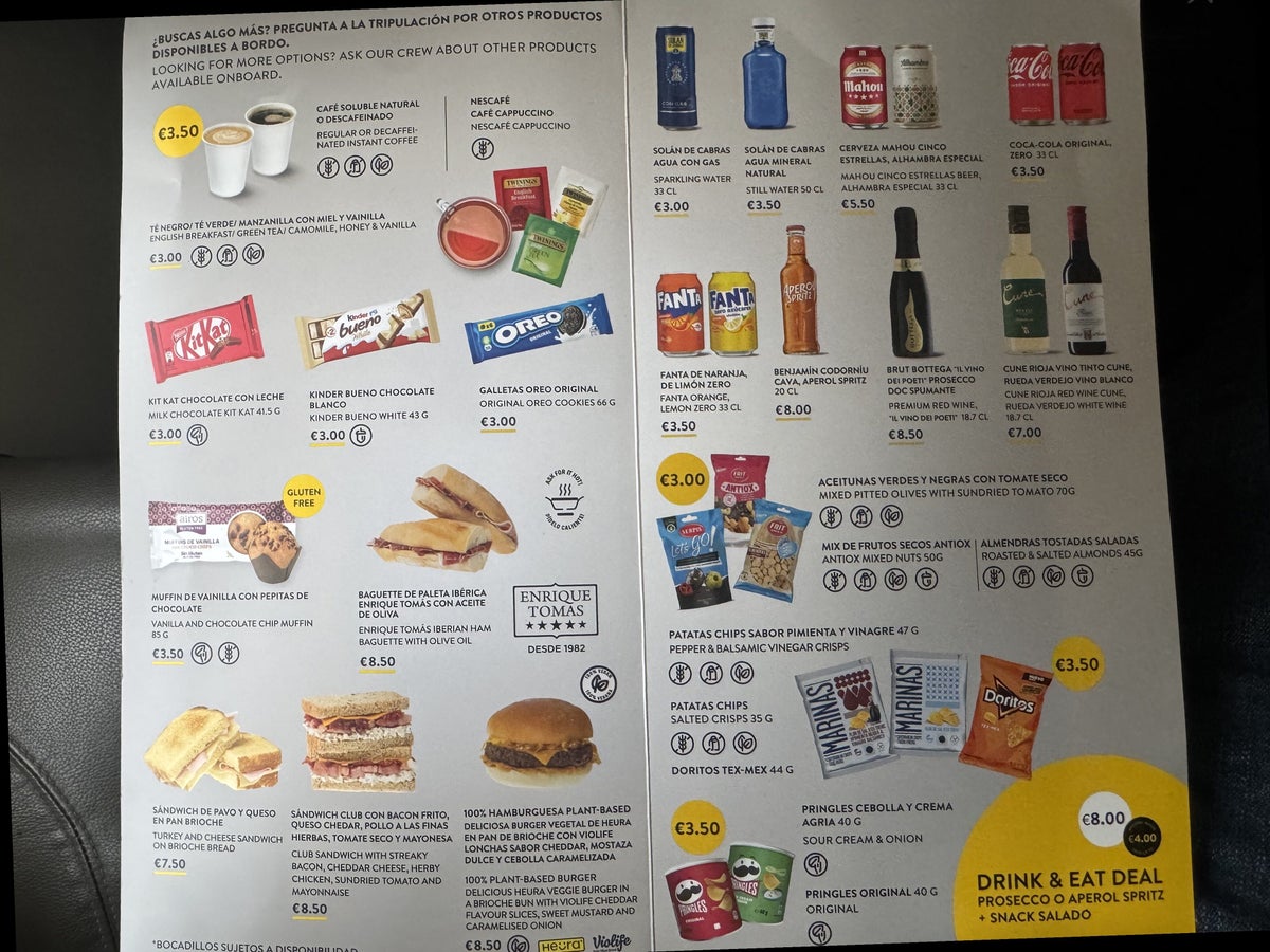 Vueling A321 BIO BCN Snack Menu