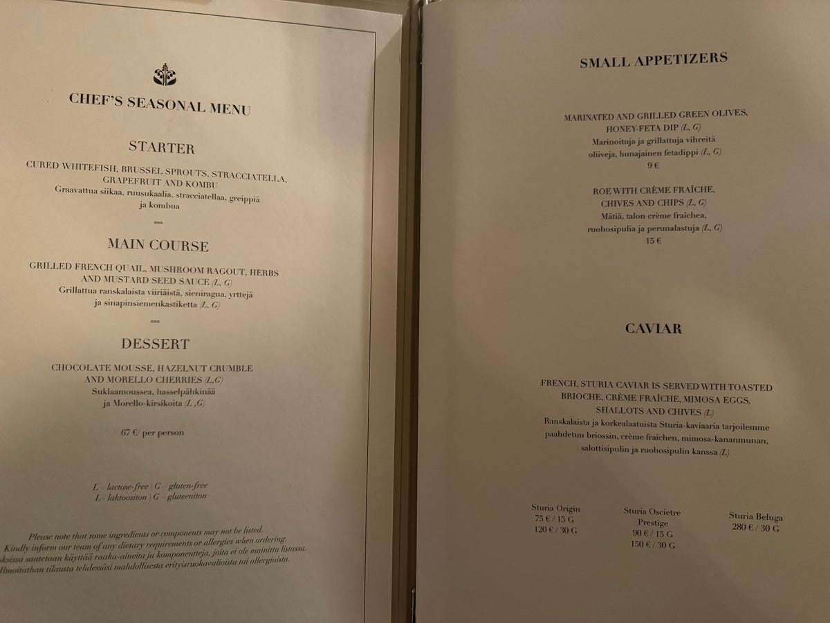 Waldorf Astoria Helsinki Lilja Terrace menu starters