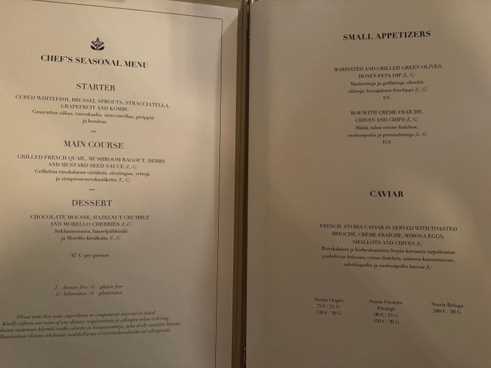 Waldorf Astoria Helsinki Lilja Terrace menu starters